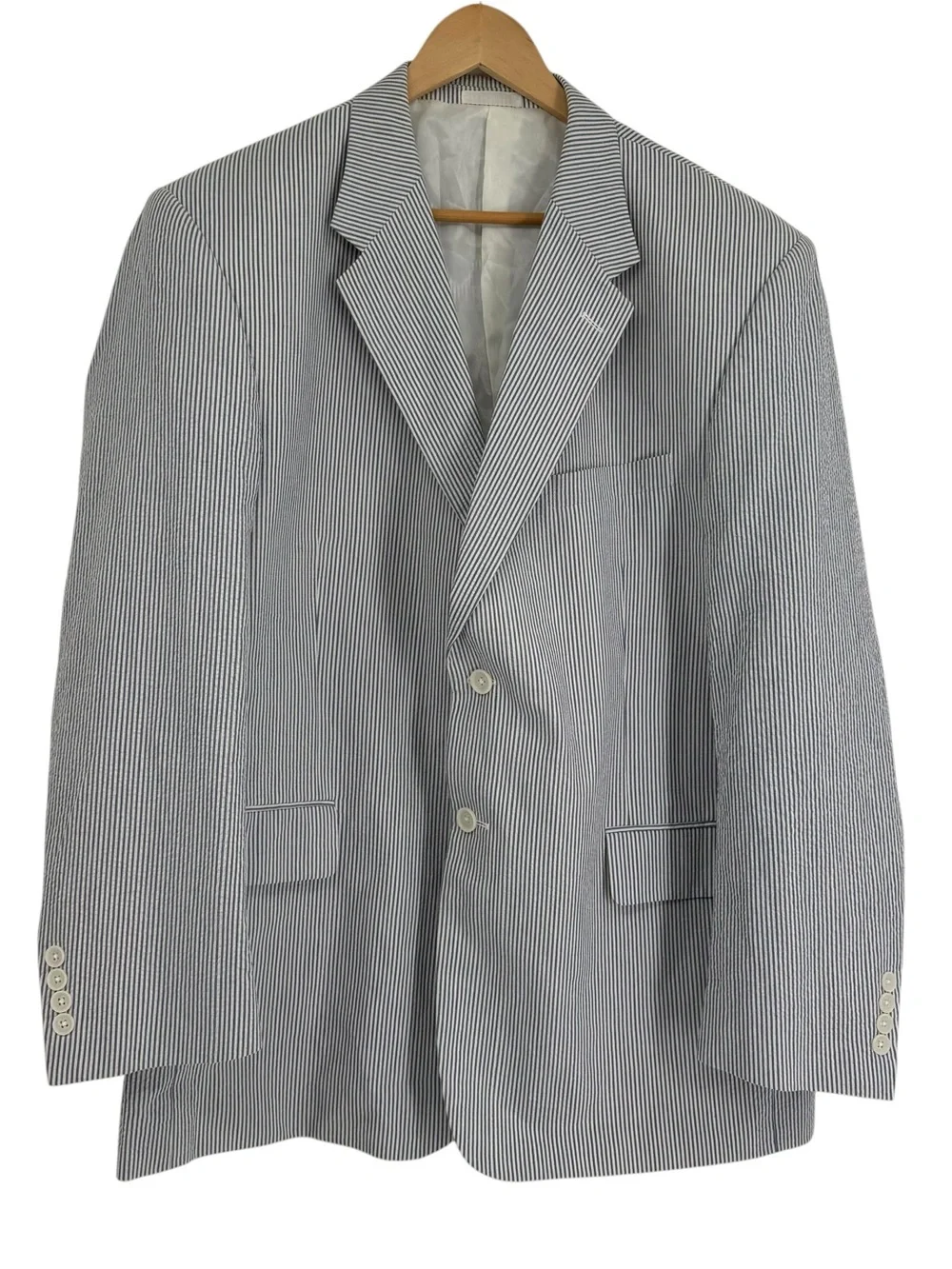 Adolfo Summer Sport Coat Blazer Mens Seersucker Blue Stripe Size 46R Lined
